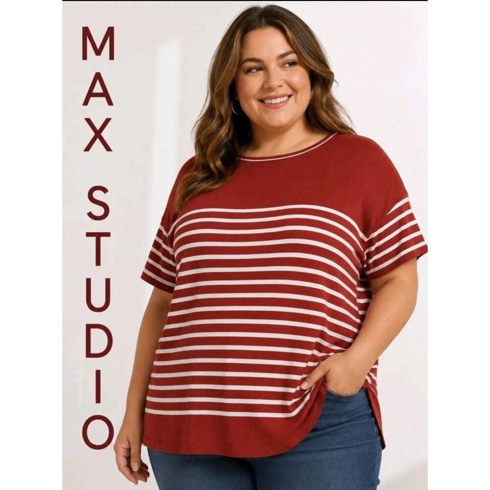 NWT Max Studio Womens 1X Stripes Colorblock Stretch Short Sleeve Orange Tan Top